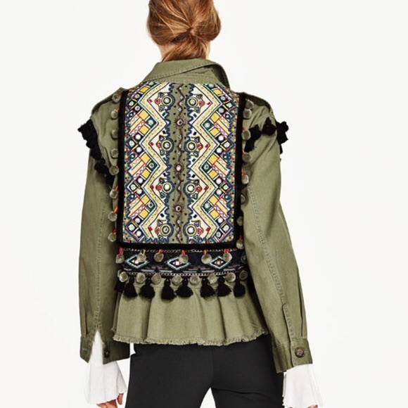 Zara Jackets & Blazers - Zara Khaki Embroidered Pom Pom Parka Jacket XS